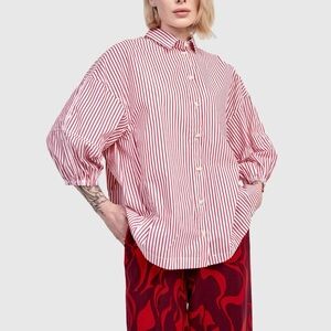 ALEMBIKA Bethany Striped Button Down Shirt with Balloon Sleeves Red White Sz M